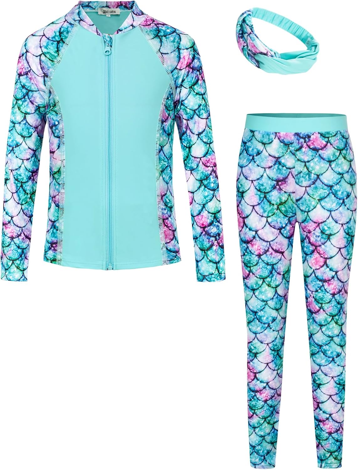 GRACE KARIN Girls Swimsuit Long Sleeve Two Piece Rash Guard Swimwear Set 6-12Y