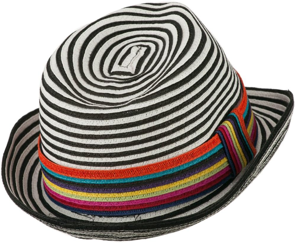 Jeanne Simmons Women's Striped Design Fedora Hat with Multi-Color Band - Black White OSFM