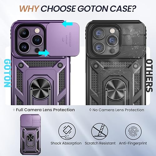 Miniatura 3 de Goton Funda para iPhone 14 Pro con protector de pantalla, funda deslizante para cámara con soporte de anillo, resistente grado militar, a prueba de