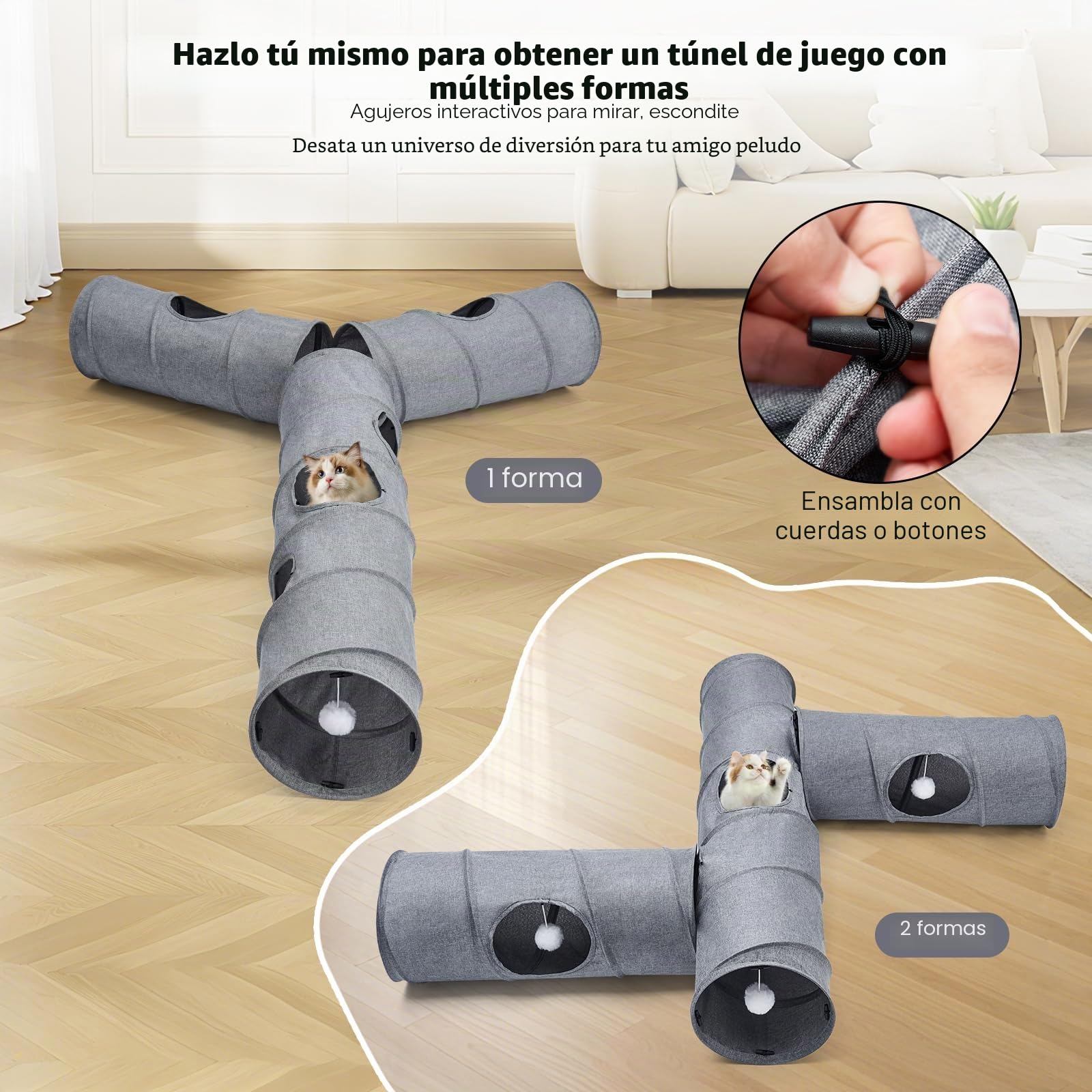 Túnel para gatos, 3 túneles de forma recta, 6 formas de bricolaje con juguetes de varita, sin ruido, resistente a los arañazos, tela de lino fresco, tubo interactivo para gatos de interior, cachorros