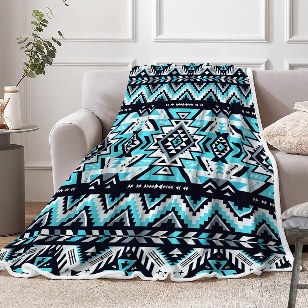 Southwestern Throw Blankets, Tribal Aztec Soft Cozy Flannel American Native Ethnic Geometric Mexican Western Boho Design Warm Bed Blanket for Man Woman Adults Blue Black White Couch Decor