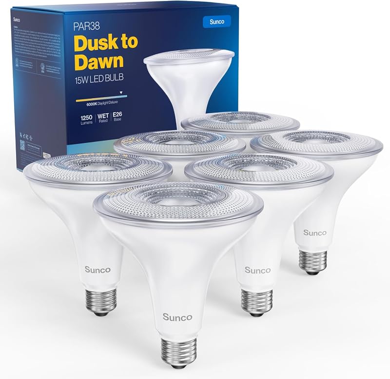 Sunco Paquete de 6 bombillas LED PAR38, de atardecer a amanecer, E26, 15 W = 120 W | 1250LM, luz diurna DLX de 6000K, sensor de fotocélula, reflector para exteriores con clasificación húmeda, seguridad, patio trasero, garaje, luz empotrada para latas