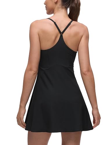 CRZ YOGA Lightweight Drapey Spagheii Straps Tennis Dress for Women - Mini Flowy Golf Outfits with Bras and Short Liner - Medium - Black