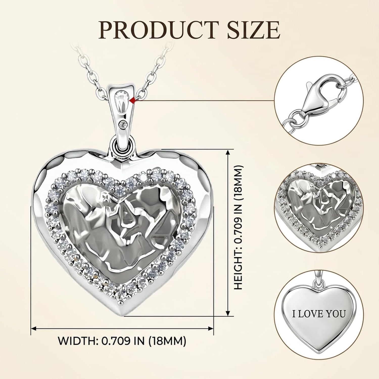 HeartMelody 18K Gold & White Gold Plated Hammered Heart Pendant Necklace for Women, Double Layer Heart with Cubic Zirconia Halo, Engraved I LOVE YOU On Back, Tarnish Free Stainless Steel Love Jewelry Gift for Her