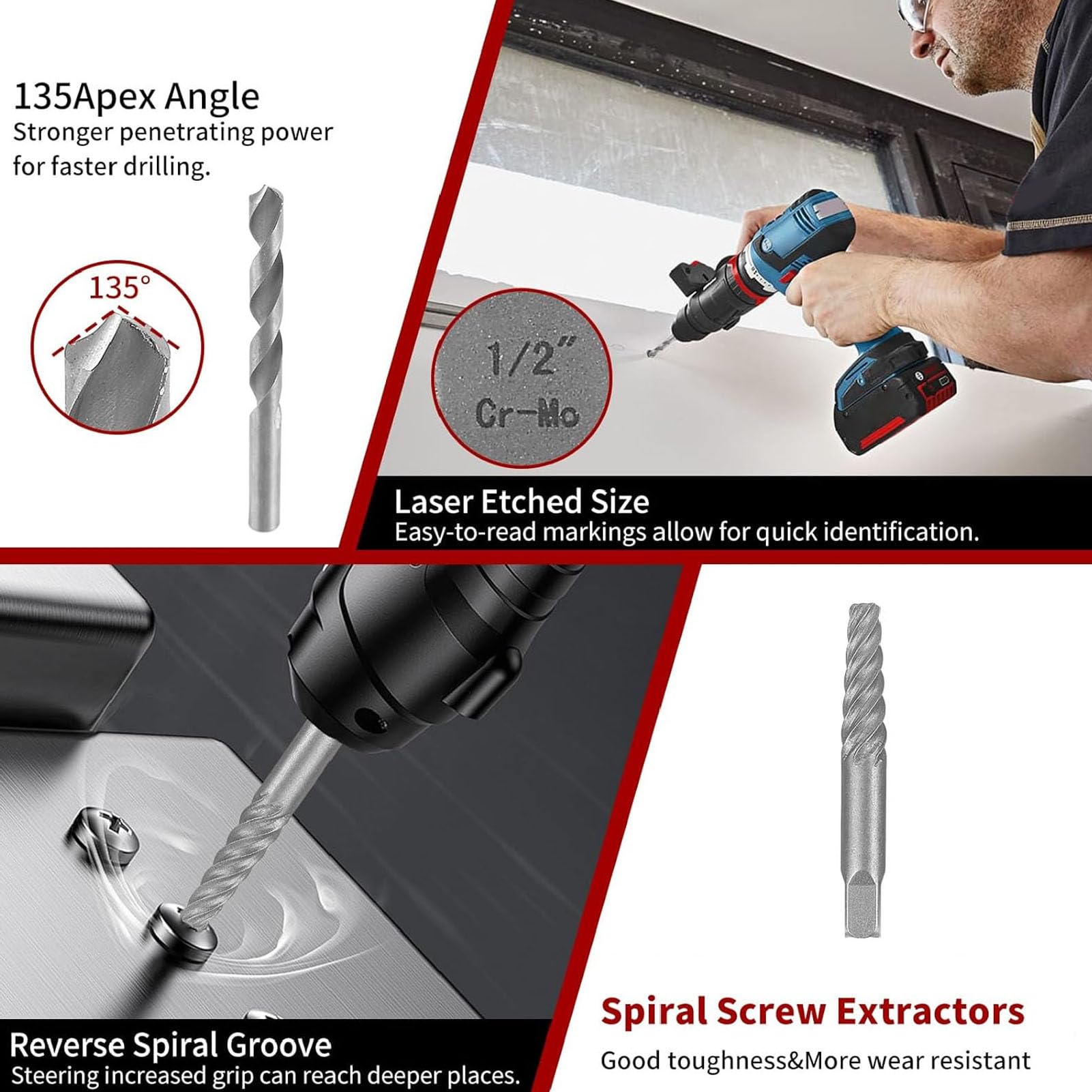 Extractor de Tornillos y extractores de 26 Piezas, fácil de extraer, Kit de Taladro HSS con Adaptador
