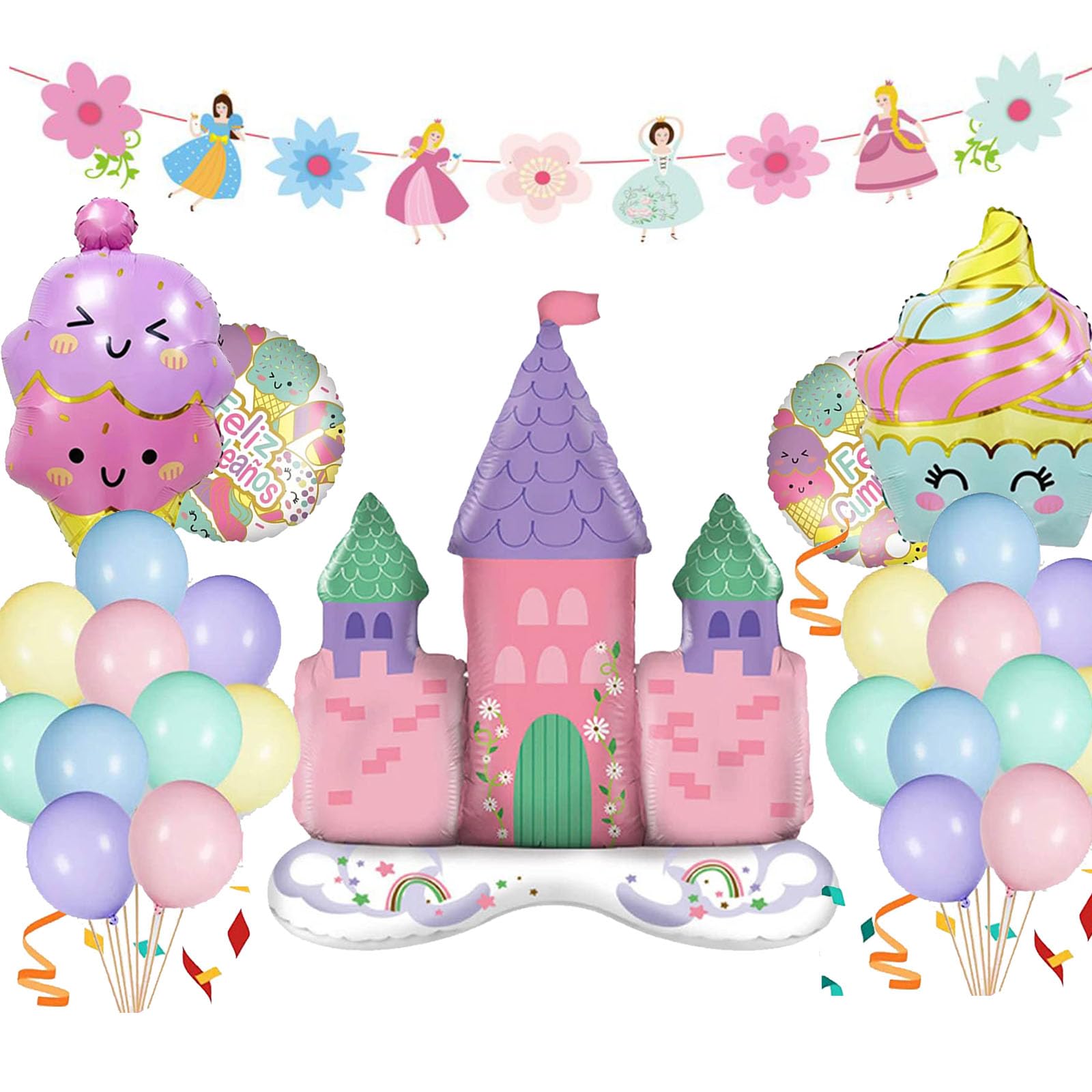 Pink Birthday Party Decorations With Ice Cream Donut Castle Foil Balloons,Birthday Banners and Macaron Latex Balloon for Sweet Girls princess Donut Loollipop Party Set