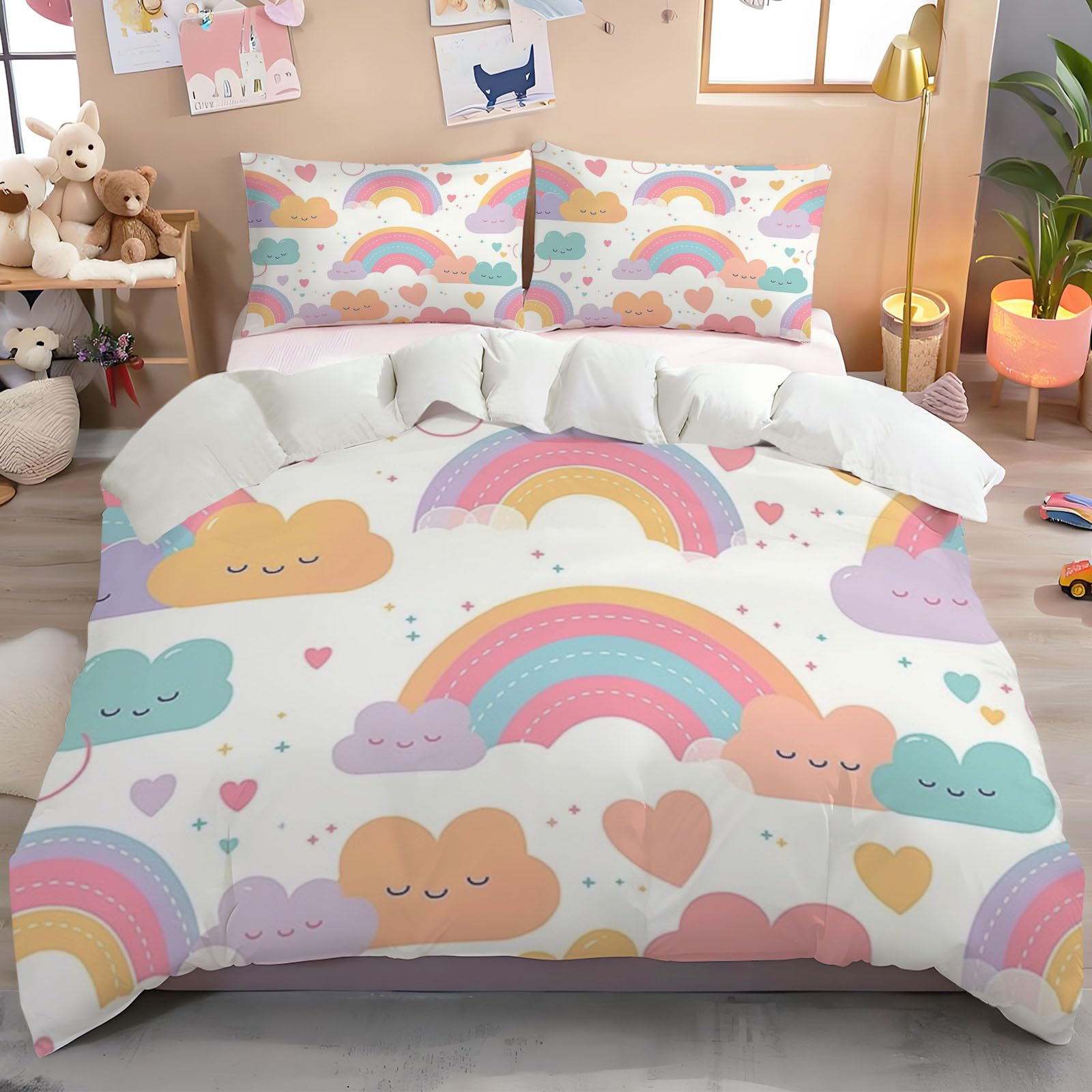 Housse de couette 200x200 nuage blanc et rose en microfibre douce avec 2 taies d'oreiller