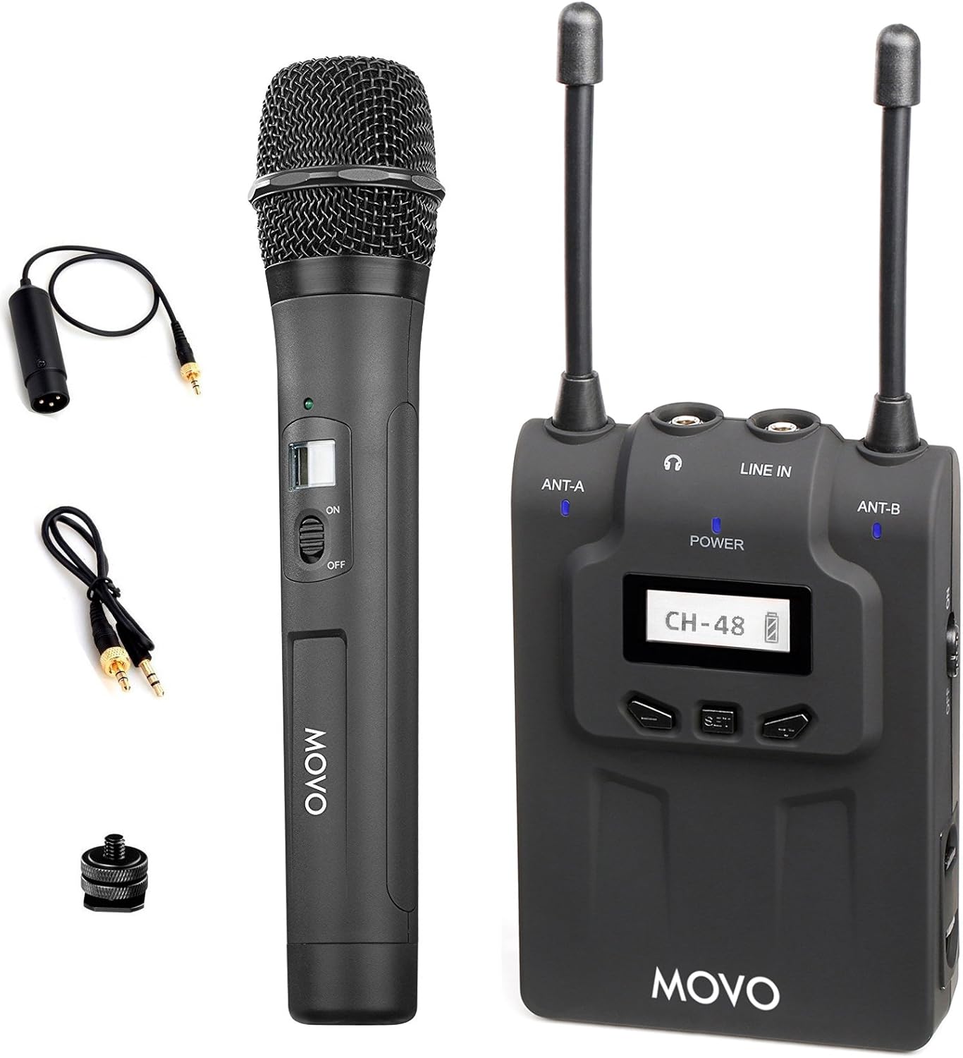 Movo WMIC80 UHF Wireless Handheld Microphone System with Handheld Mic with Integrated Transmitter, Portable Receiver, & Shoe Mount for DSLR Cameras (330' Range)