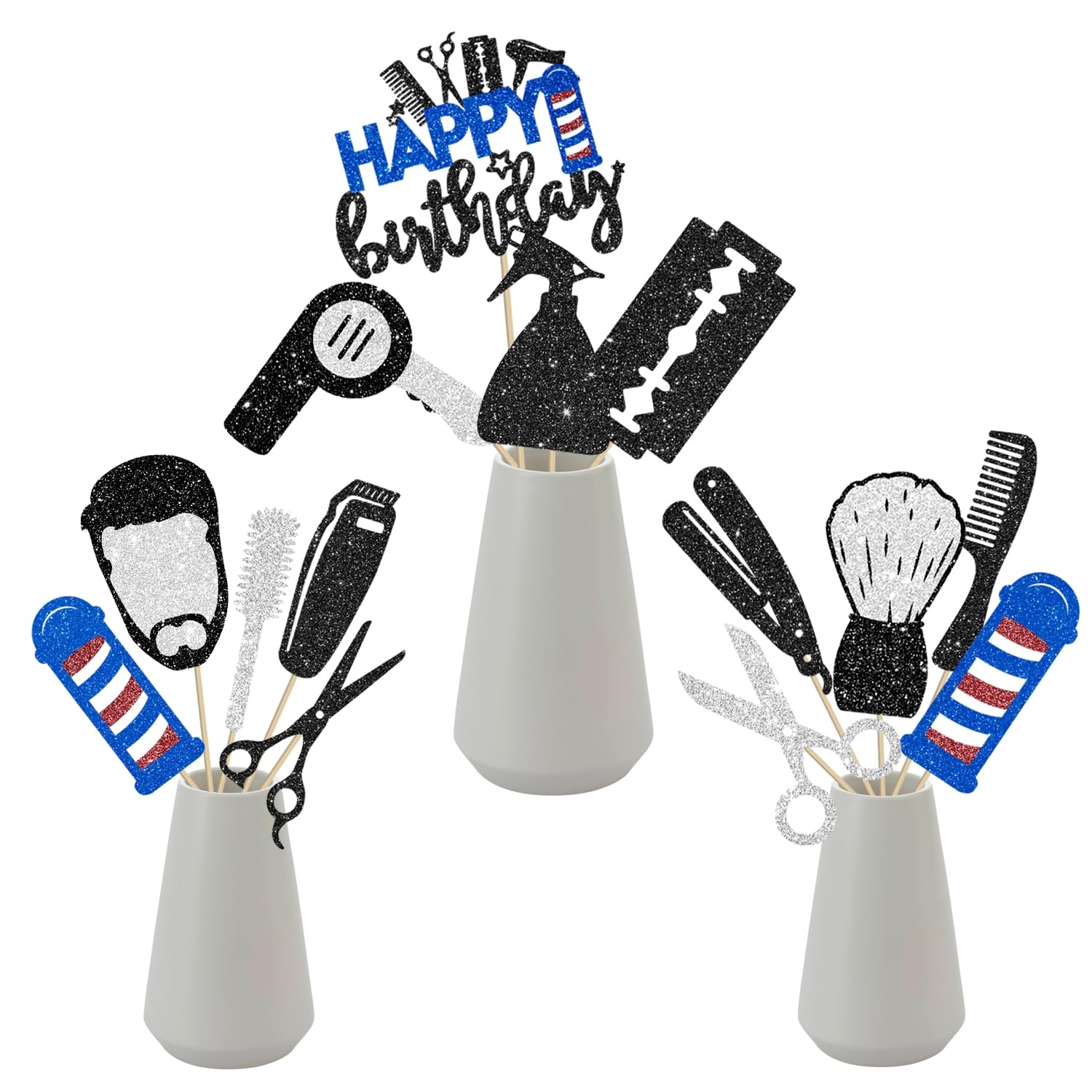 Barber Centerpiece Sticks 16PCS Glitter Barber Birthday Table Decorations Hairdresser Graduation Table Toppers Hair Salon Party Centerpieces for