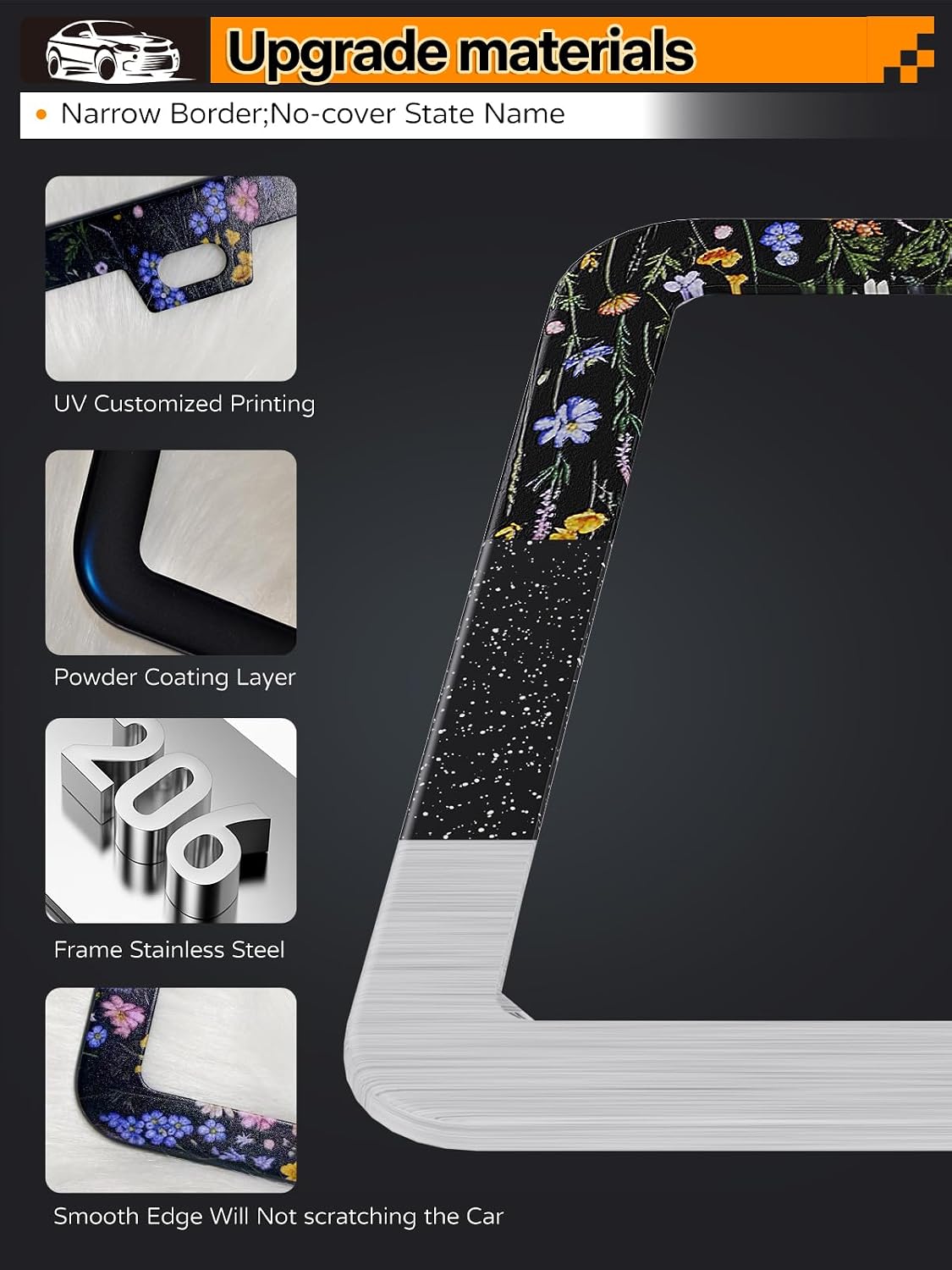 2PCS Floral License Plate Frames for Women & Men, Stainless Steel Decorative License Plate Holder, Colorful Flower Car Accessories, Rust-Proof Universal Fit for Standard U.S. Plates image 4