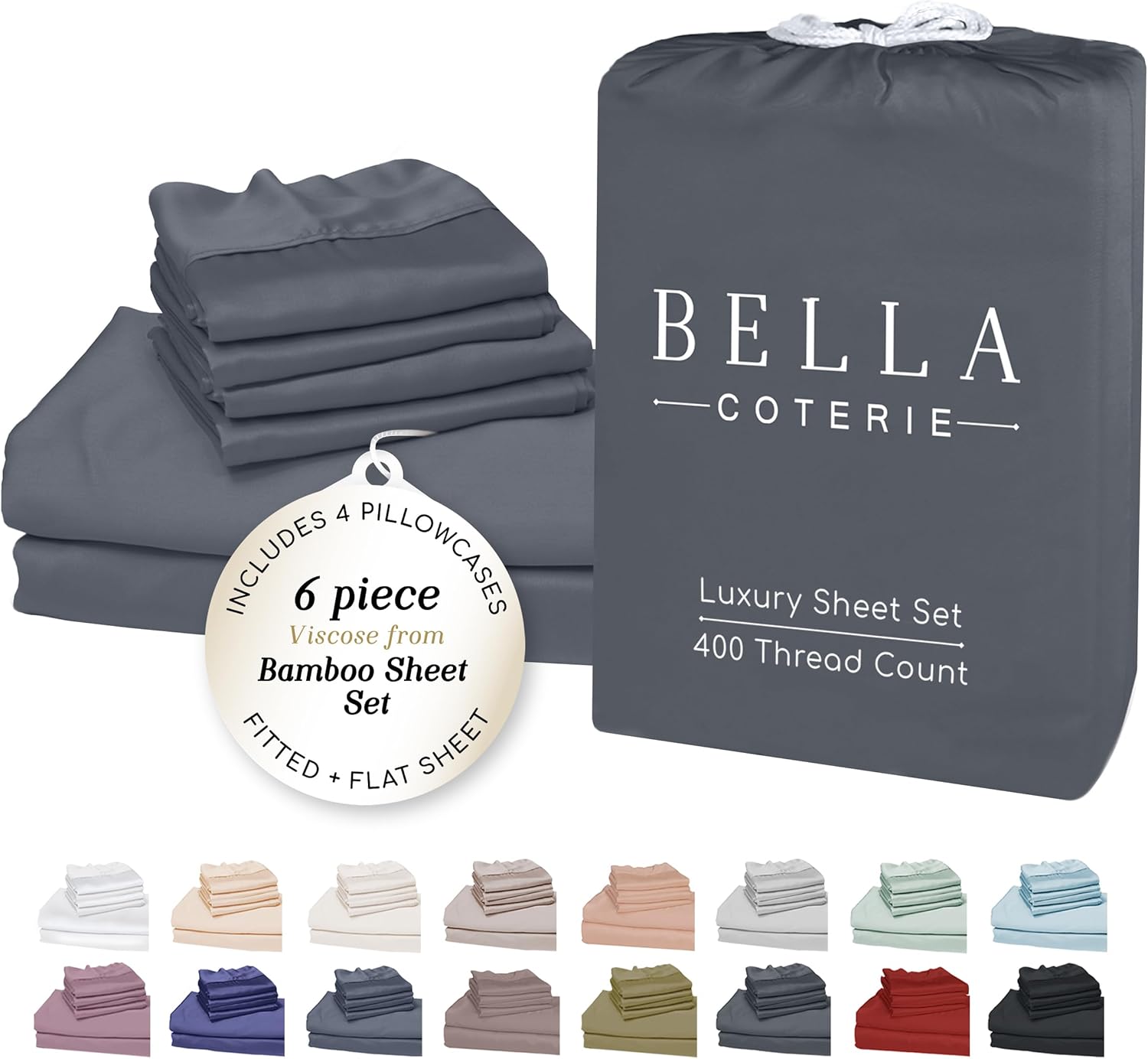 Bella Coterie 6 Piece Luxury Bamboo Viscose Queen Size Sheet Set | 100% Organically Grown | Cooling for Hot Sleepers | 18" Deep Pocket | Soft & Hypoallergenic | 4 Pillowcases [Charcoal Grey]