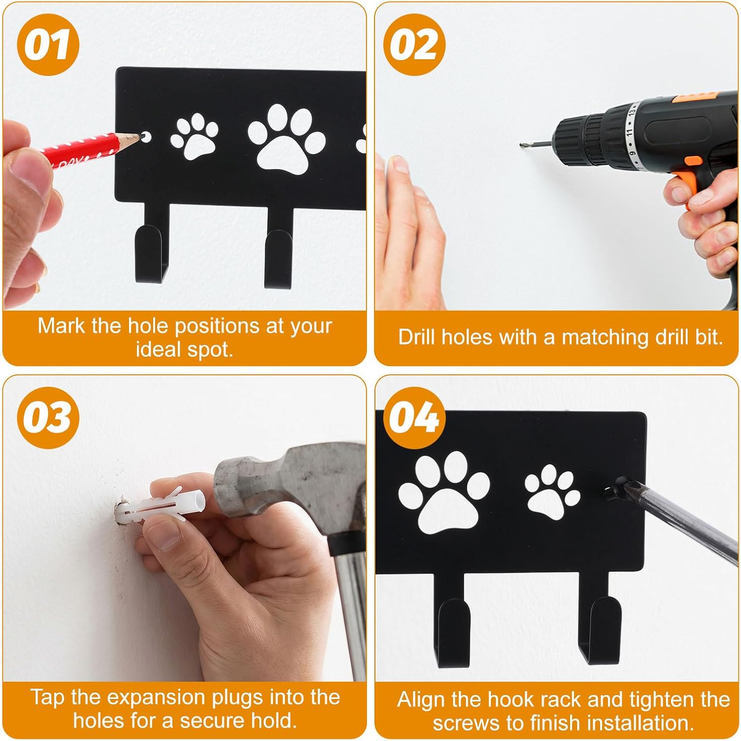 Dog Leash Black Key Holder for Wall with 6 Hooks, Metal Key Holder Wall Mount Rack Hanger Organizer Decorative Paw Print for Entryway Living Room Kitchen Pet Harness Lanyard Coat Dog Lover Gifts