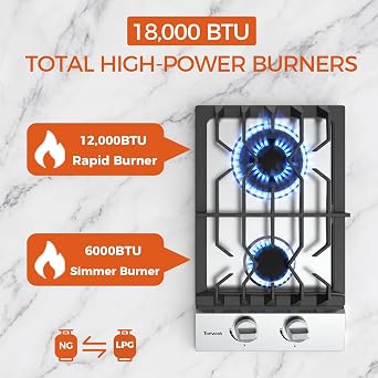 TOPWISH 12 Inch Gas Cooktop, 2 Burners Built-in Stainless Steel Gas Stove