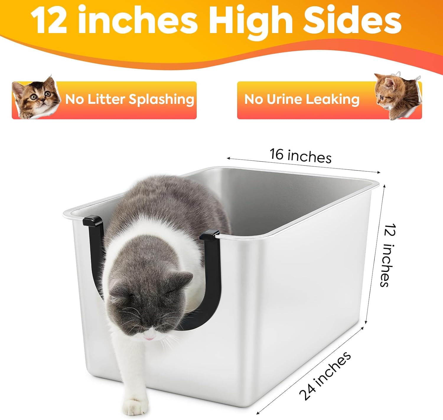 Yangbaga Extra Large Stainless Steel Litter Box, Leak Proof 12 Inches High Sides for Urine & Litter Trapping, Corner Litter Box for Kittens, Older Cats,Non-Stick,Non-Slip,No Sharp Edges