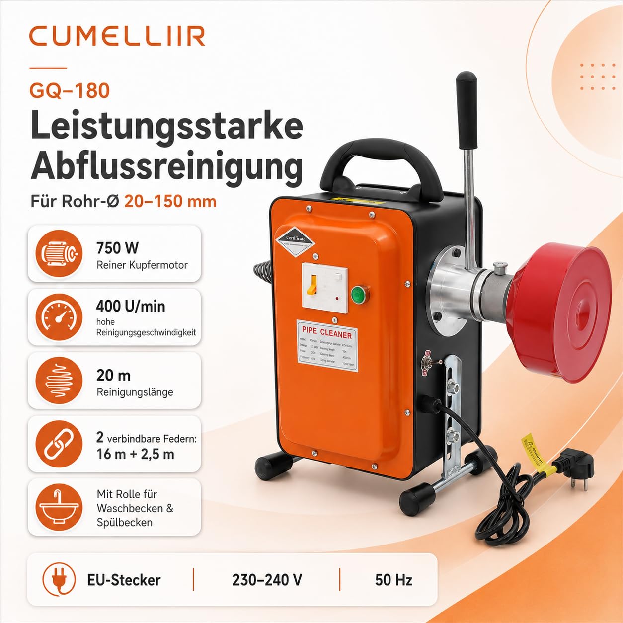 Máquina de limpieza eléctrica de tuberías de 20 m en espiral, limpieza de canales, 750 W, dispositivo de limpieza de tuberías eléctrico con rodillo, espiral de limpieza de tuberías para baño y cocina