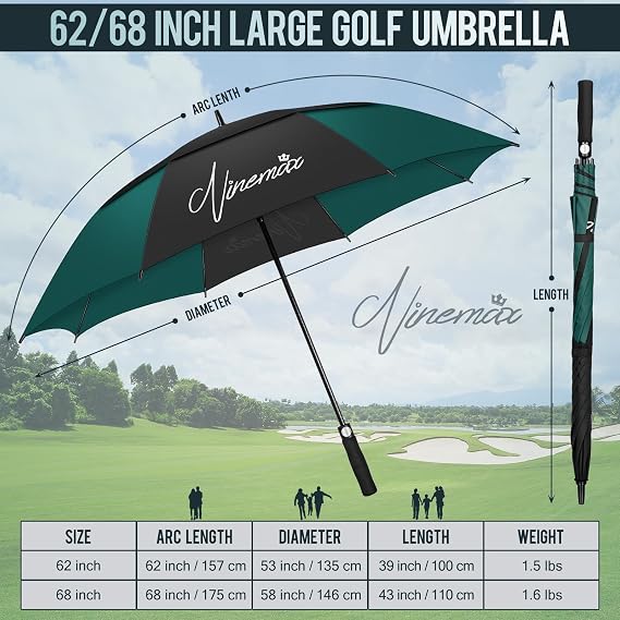 NINEMAX Golf Umbrella Windproof and Rainproof 62/68 inch, Large Umbrella | Double Canopy Golfing Brolly Heavy Duty Unbreakable for Men Women