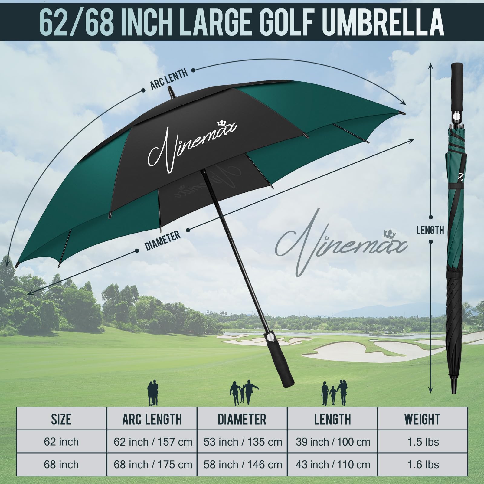 NINEMAX Wiatroodporny Parasol Golfowy 68 inch,Parasol Golfowy Długi Wiatroszczelny,Wodoszczelny,Podwójny Baldachim dla Mężczyzn i Kobiet(Czarny i Ciemnozielony)