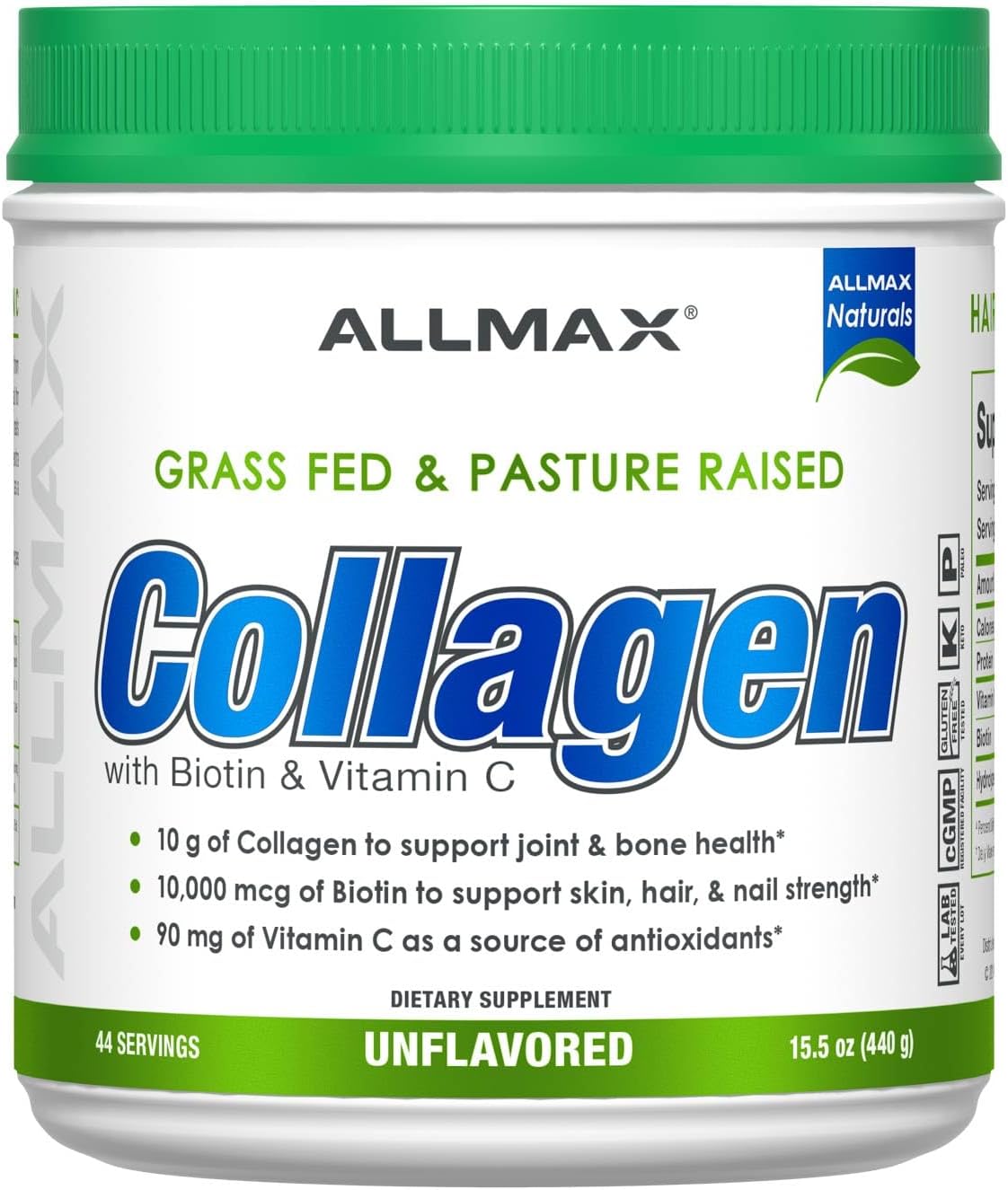 ALLMAX Collagen Powder Unflavored, Hydrolyzed Collagen Peptides, Grass Fed Bovine Collagen, Vitamin C & Biotin, Hair Skin Nails & Joint Support, 440g, 44 Servings