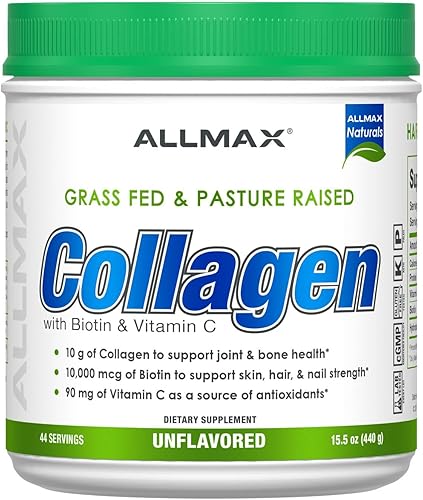 ALLMAX Nutrition Colágeno alimentado con pasto y criado en pastos con 10,000 mcg de biotina + 90 mg de vitamina C, sin sabor, 15.5 oz (440 g)