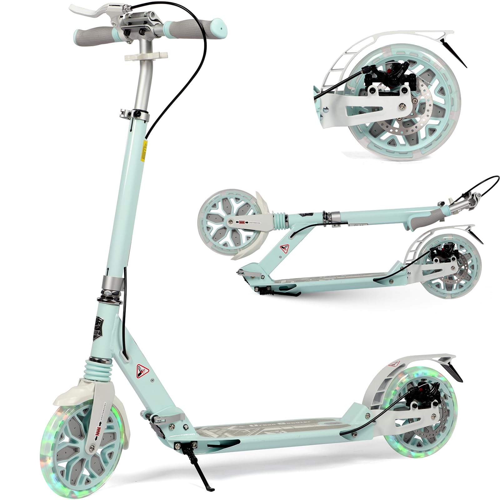 Adult Kick Scooter with Disc Handbrake, Foldable Adjustable City Scooter with Dual Suspension, 200mm Big Wheels Scooter for Kids Ages 8-12 and up (Green-LED)
