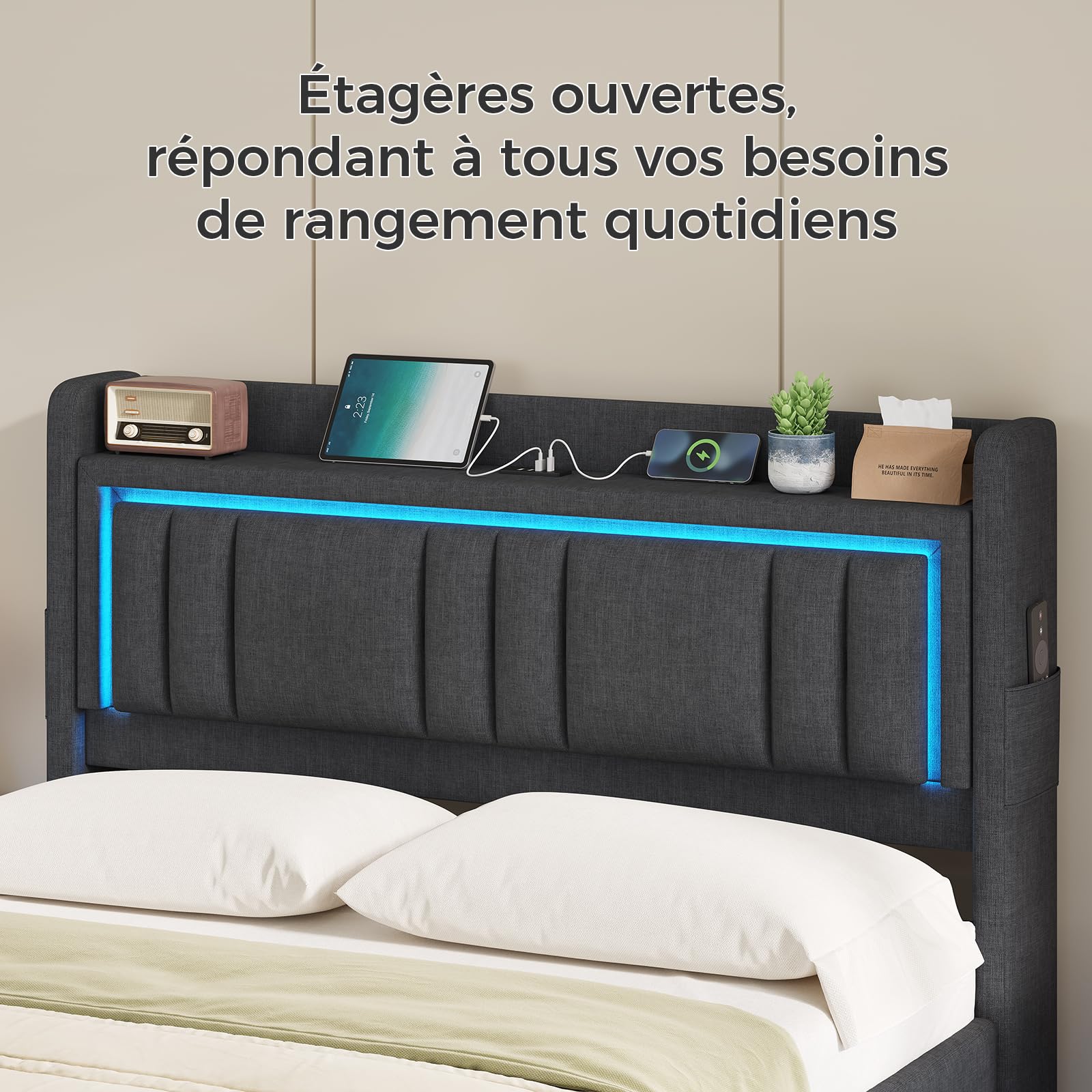 Lit Coffre 140x190 à LED, Lits Hydraulique avec Multiprise, Tête de Lit Capitonnée avec Étagère Ouvertes, Lits Double avec Rangement Spacieux, Lattes en Bois, Litss 140 x 190 avec Sommier, Lin Gris