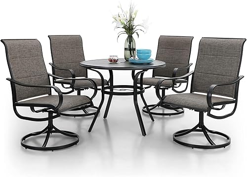 Miniatura 22 de PHI VILLA Juego de comedor de patio de 5 piezas con 4 sillas de comedor giratorias acolchadas para exteriores (azul) y mesa de comedor de acero de