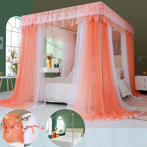 SunnyLisa Canopy Frame for Bed with Mesh Nettings - Queen Size Bed Canopy Steel Frame with Bed Curtains,Classic Flat Top Mesh Net Bedroom Decor(Stainless Steel Pipes and Accessories Included)