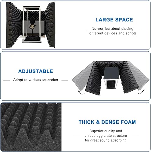 Miniatura 4 de TroyStudio Escudo de aislamiento de micrófono grande, filtro de reflexión de cabina vocal plegable, panel de espuma acústica de 2 pulgadas de