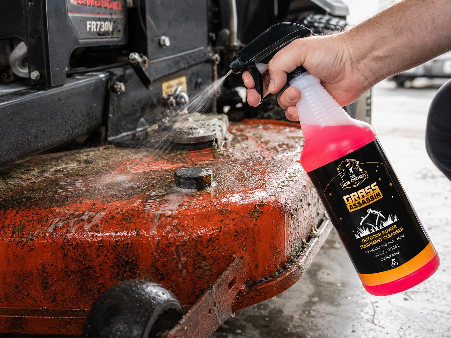 Grass Assassin Outdoor Power Equipment Cleaner & Degreaser, Lawn Mower & Mower Deck Cleaner for Grass, Grease, Grime & Dirt, Cherry Scent - 32 Fl Oz