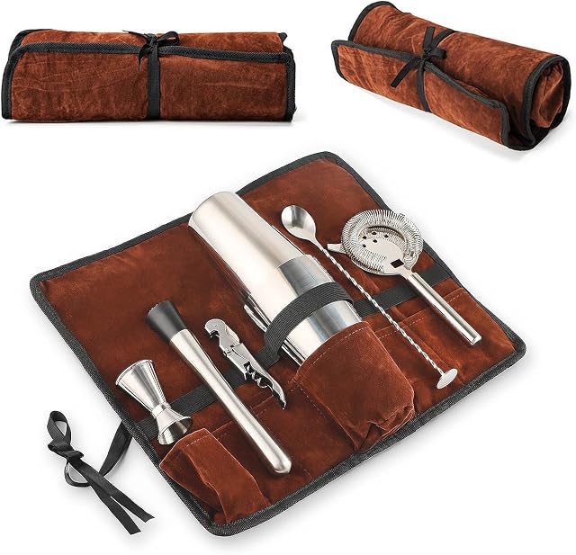 Wepikk Cocktail Shaker Boston Shaker Set Mixology Travel Bartender Kit Portable Bar Tools Carry Bag Stainless Steel 20oz & 24oz Tins Jigger Muddler Strainer Mixing Spoon Martini Margarita Mojito