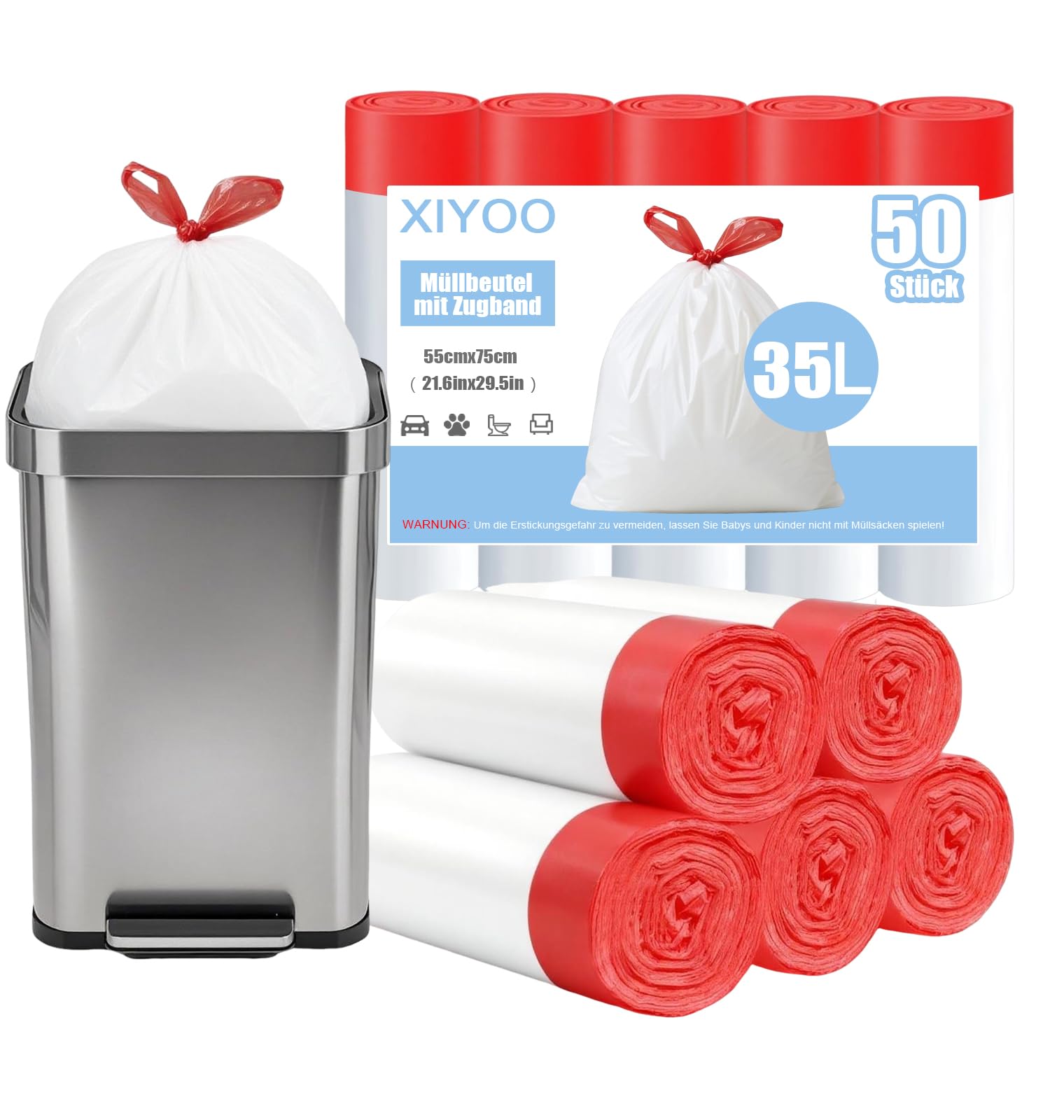 XIYOO Weiß Müllbeutel 35l mit Zugband 50 Stück Müllsäcke Reißfest Mülltüten für Küche Große Abfallbeutel
