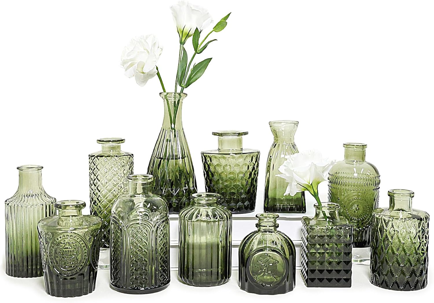 12pcs Glass Bud Vase Set, Small Green Flower Vases for Centerpieces in Bulk, Mini Vintage Vase for Wedding, Home,Table Decoration