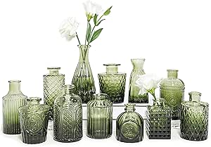 12pcs Glass Bud Vase Set, Small Green Flower Vases for Centerpieces in Bulk, Mini Vintage Vase for Wedding, Home,Table Decoration