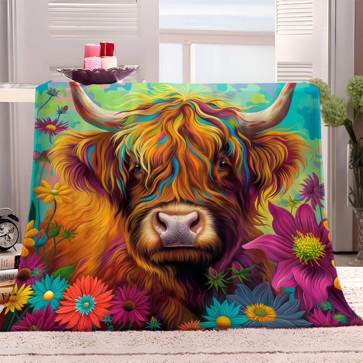 Plaid polaire vache des Highlands 180x200 couverture Sherpa 3D haute densité pour lit douillet