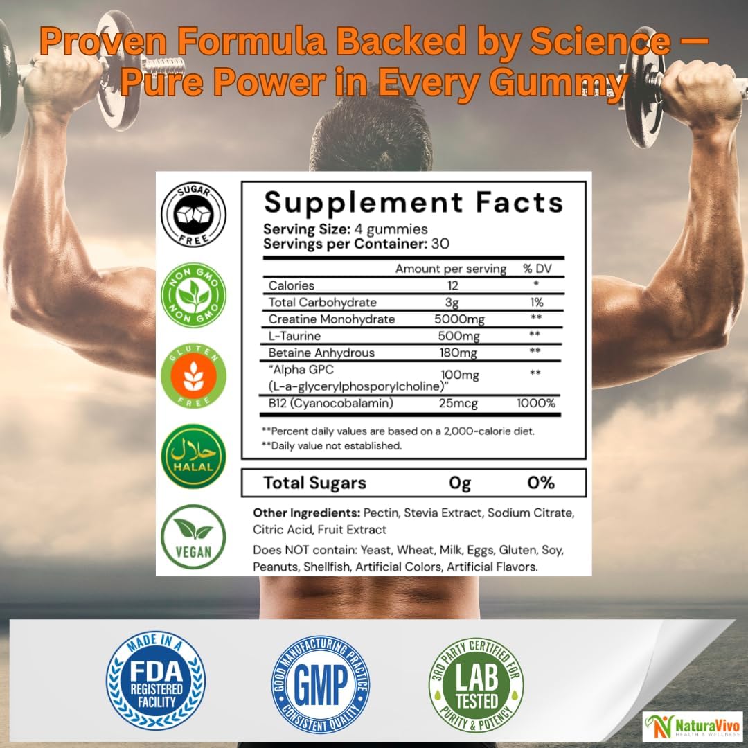 Creatine Monohydrate Gummies 5000mg | Muscle Growth, Strength & Recovery – Vegan, Sugar-Free, Blueberry Flavor, 120 Count | Sports Nutrition for Men & Women | Non-GMO, Gluten-Free, GMP Certified