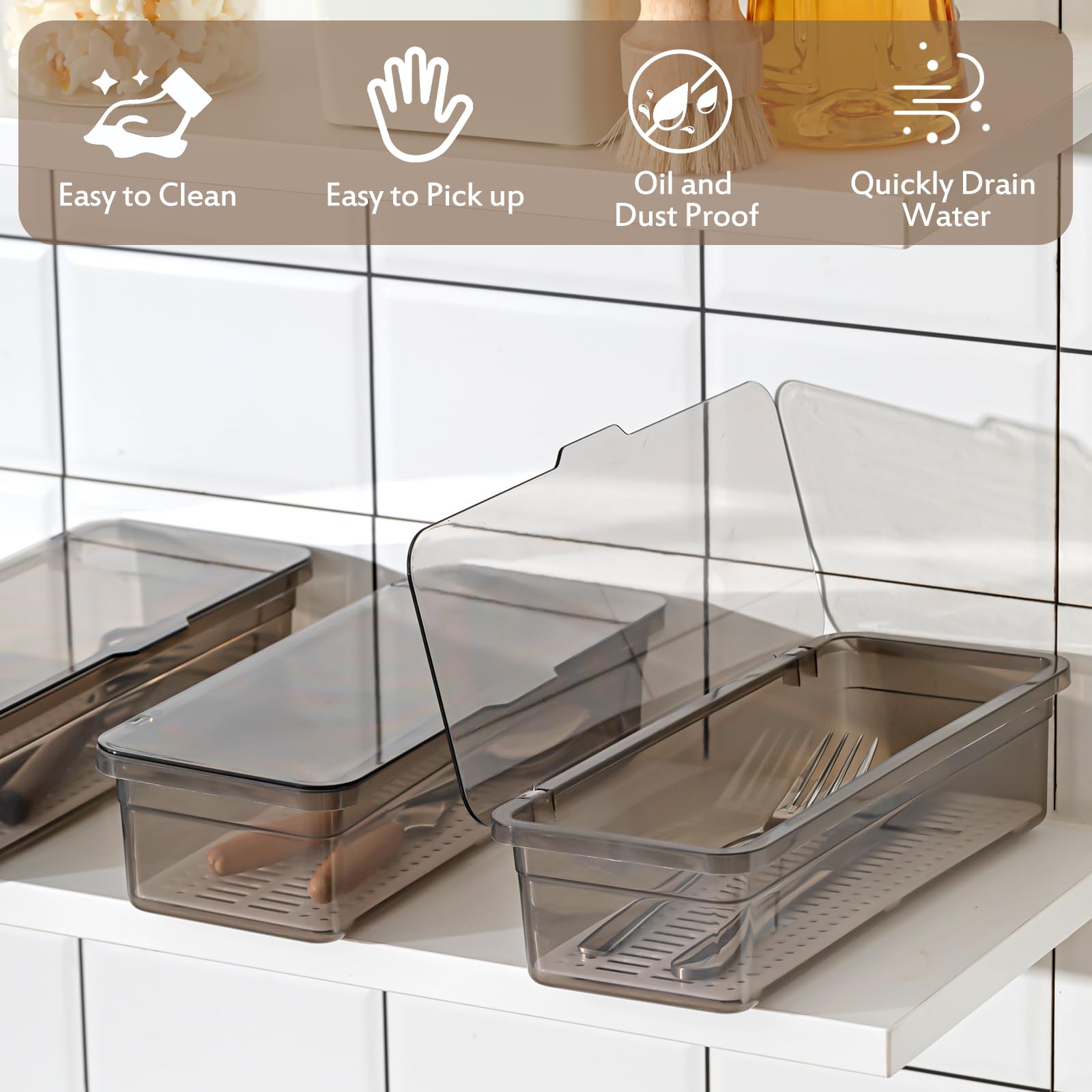 Remerry Besteckkasten mit Deckel und Abtropfgestell, Kunststoff-Utensilien-Organizer, Küchenbesteck, transparente Aufbewahrungsbox mit Deckel und Ablaufgestell, Schubladen-Stil