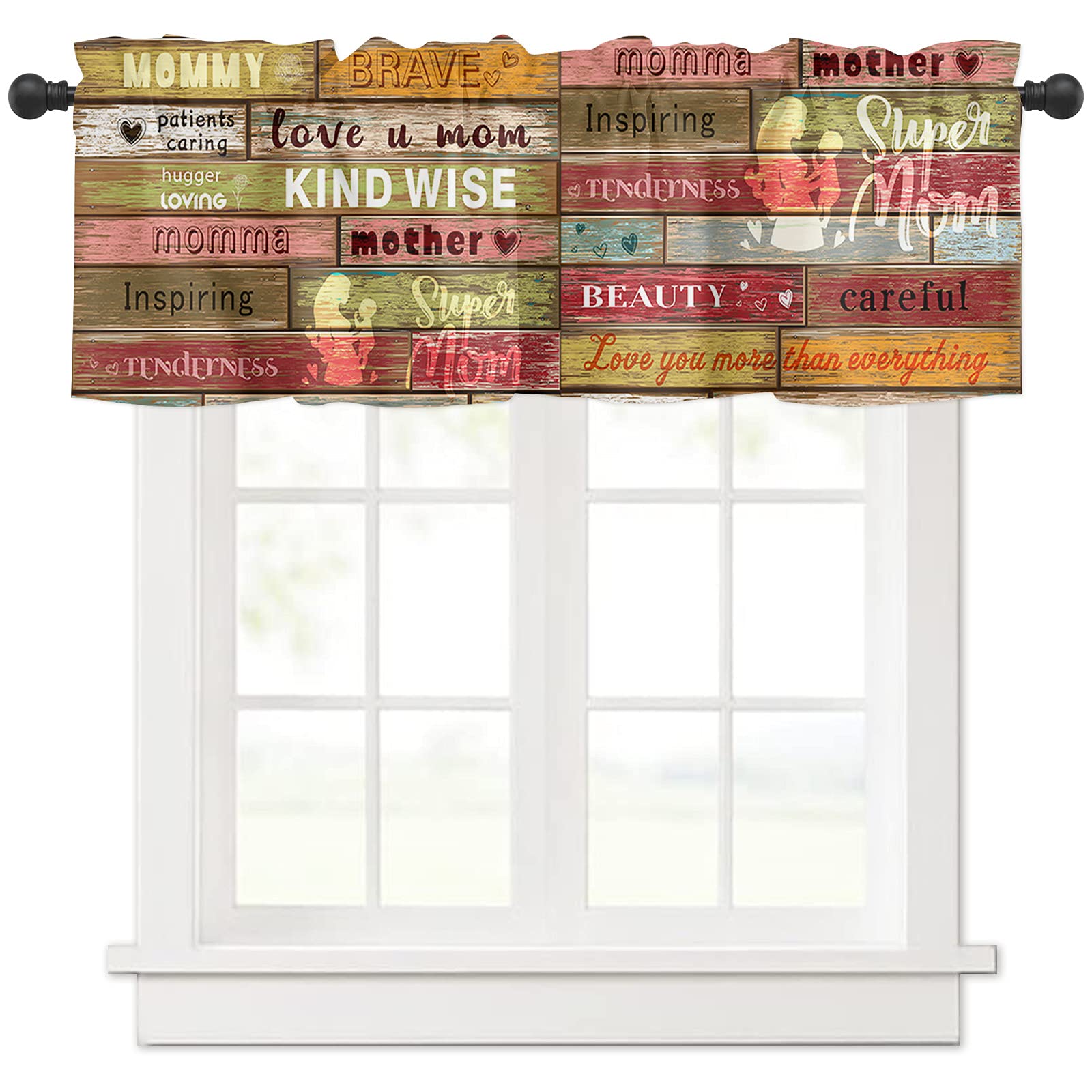 MUENINELE Kitchen Curtain Valance, Mothers' Day Super Mom Text Wooded Plnk Love You More Than Everything Rod Pocket Window Treatment Decor Curtains for Living Room Bedroom, 54" W x 18" L, 1 Panel