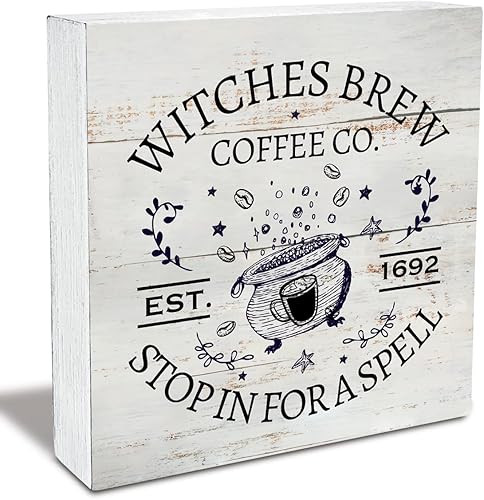 Cartel de madera de café rústico de brujas para preparar café, caja de madera, letrero de Halloween, decoración de estante de escritorio para casa