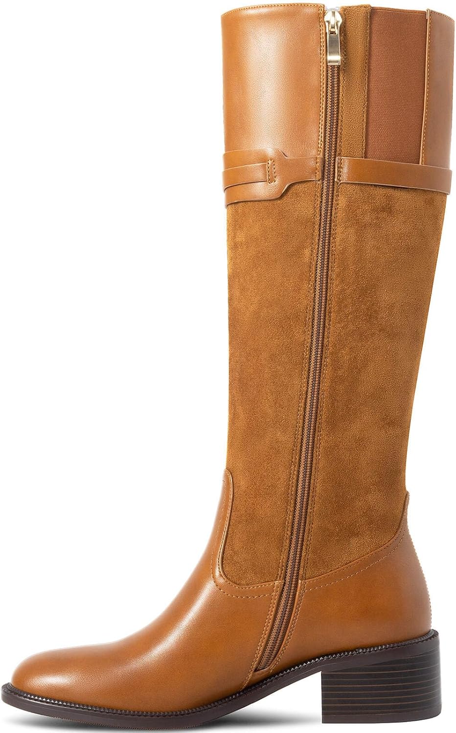 Women's Knee High Boots Round Toe Chunky Block Heel Side Zipper Buckle Riding Boots - Image 4