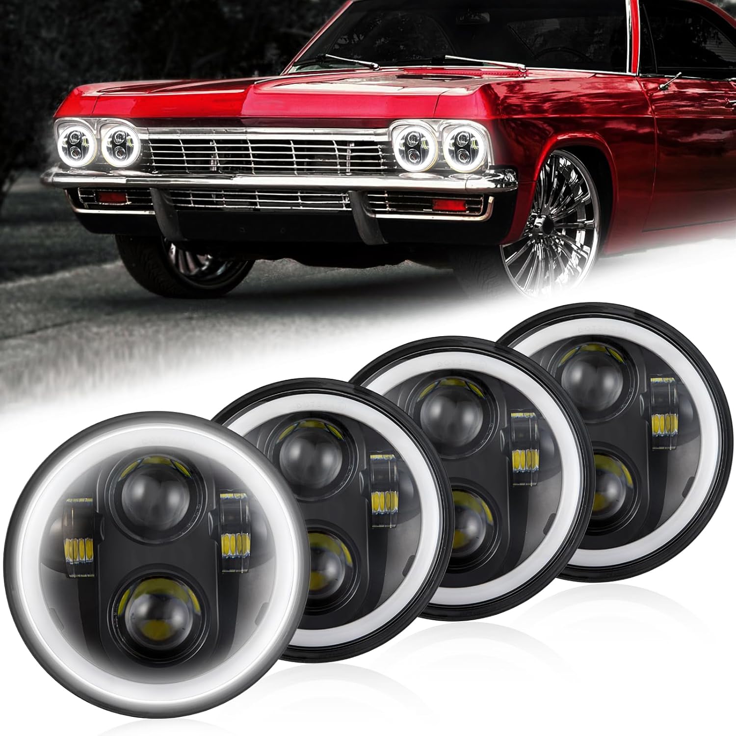 5.75 5 inch LED Headlight Round High Low Beam With Amber Turn Signal White DRL H5506 H5006 H5001 H4000 Round Sealed Beam Headlights For Peterbilt 349 359 For Chevy Impala 59-76, 4 PCS