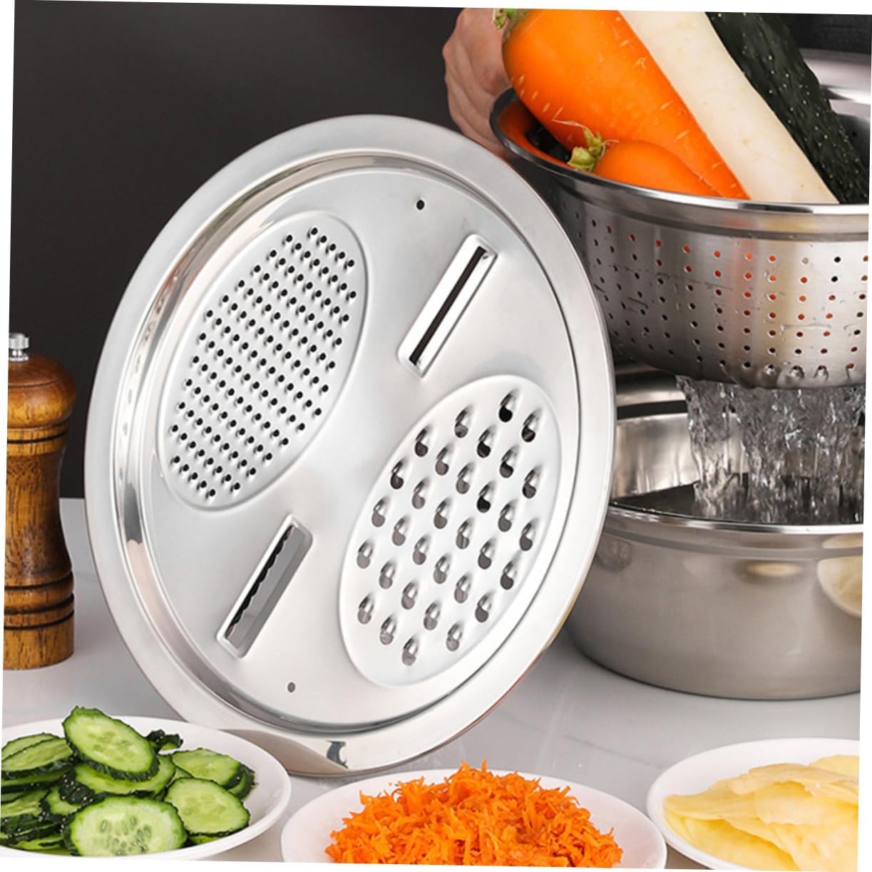 Mobestech 3-Piece Stainless Steel Multi-Function Vegetable Slicer and Draining Basin Set Kitchen Grater Strainer for Easy Food Preparation Suitable for Cooking and Baking