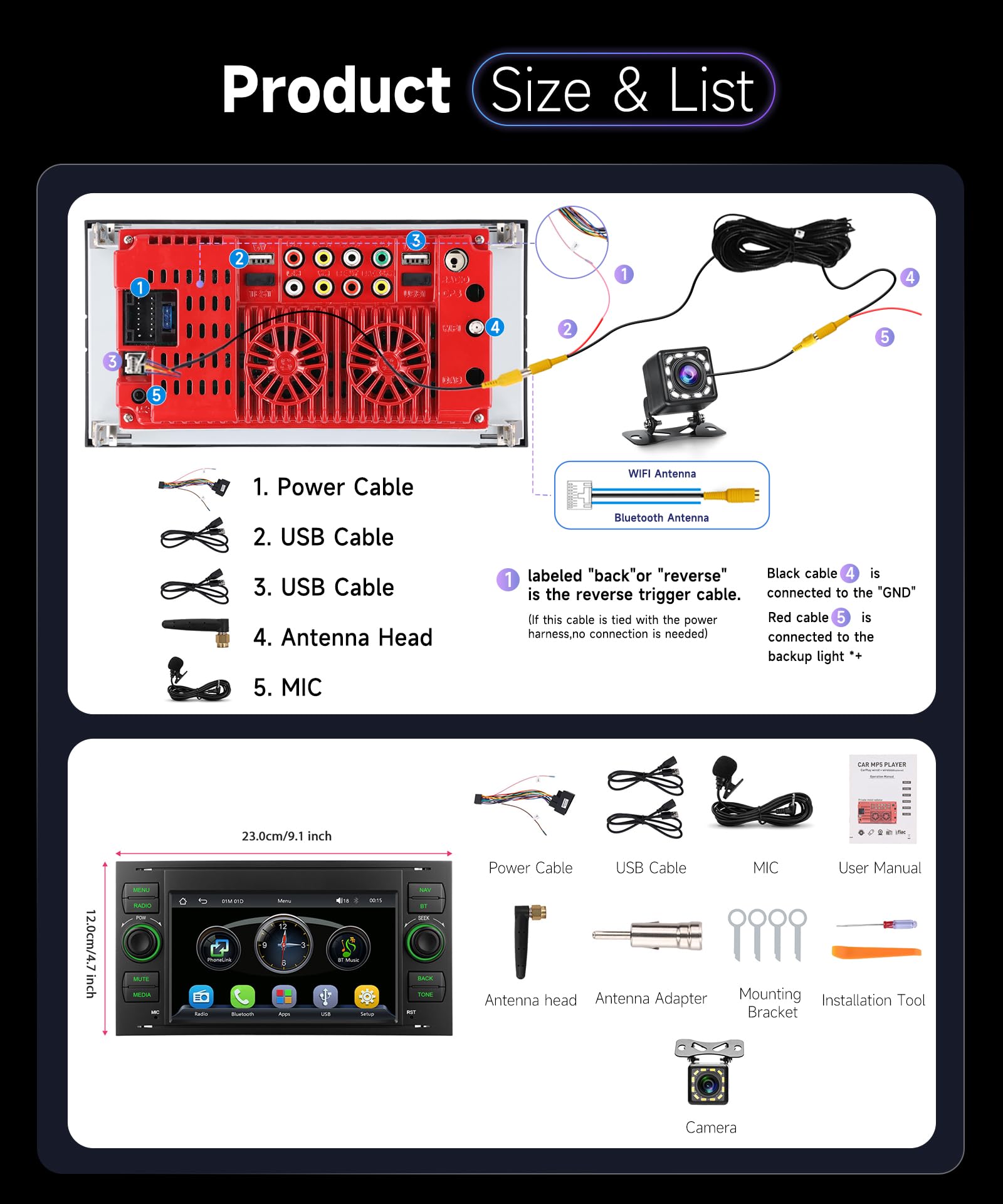 Hodozzy Radio samochodowe do Ford Transit Fiesta Focus z bezprzewodowym Carplay Android Auto,7-calowy ekran z Bluetooth/RDS, radiem, SWC/USB/GPS/EQ/Mirror Link, kamera cofania