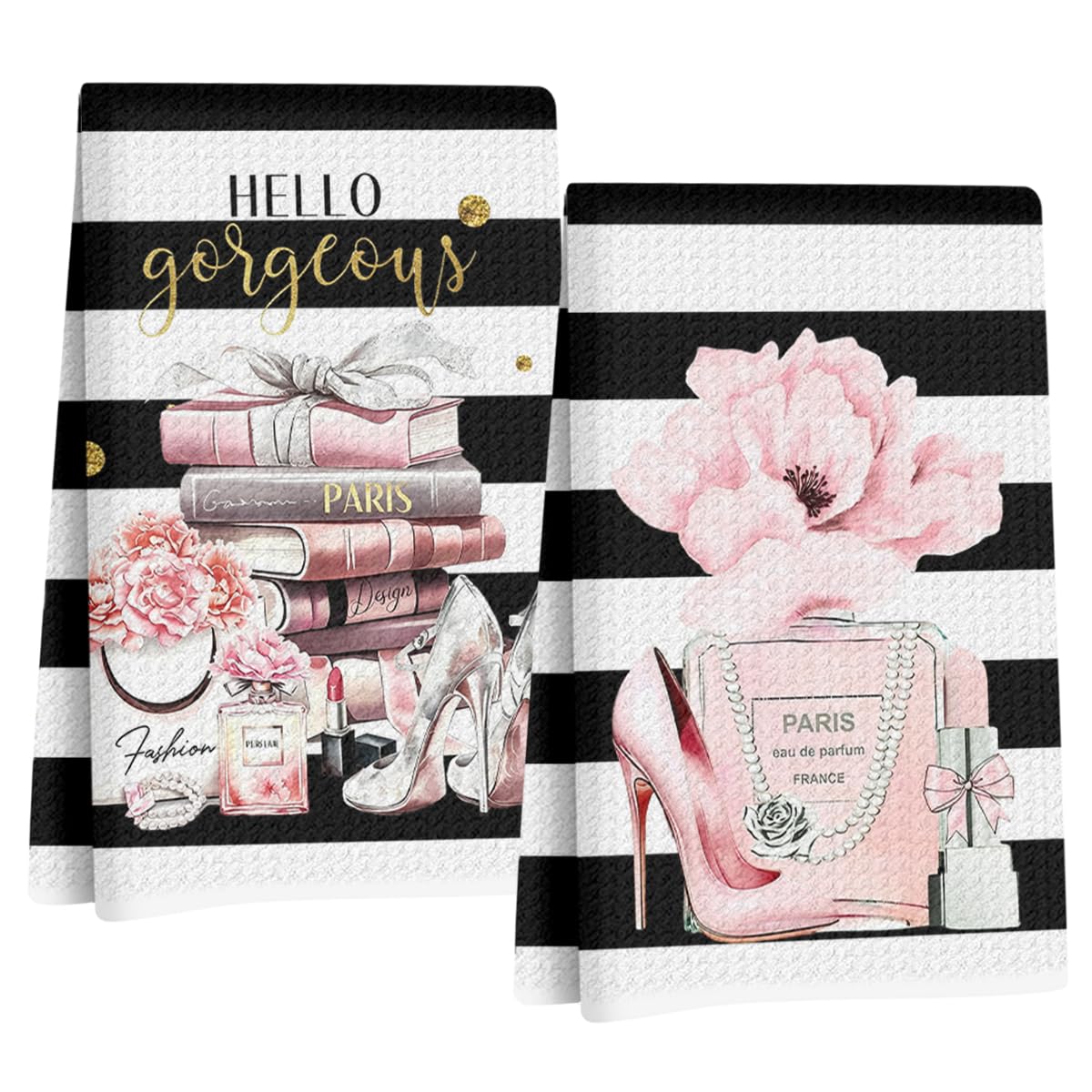 2 Pcs Black White Hand Towels, Perfume Flower Decor Reusable Dish Towels