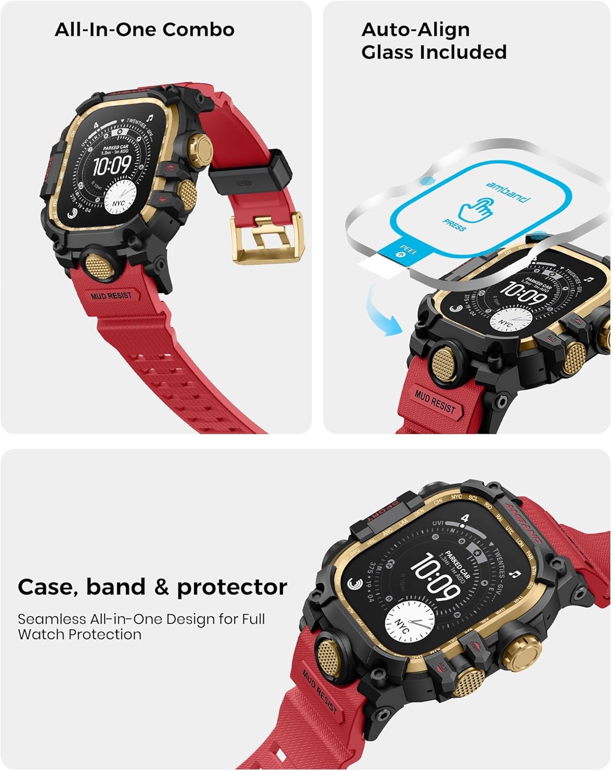 amBand Rugged Case with Band for Apple Watch Ultra 3/2/1 49mm, M3 Military Grade Shockproof Cover, Includes Screen Protector Kit, Tactical Band for Men - Compatible with iWatch Ultra, Red - Image 4