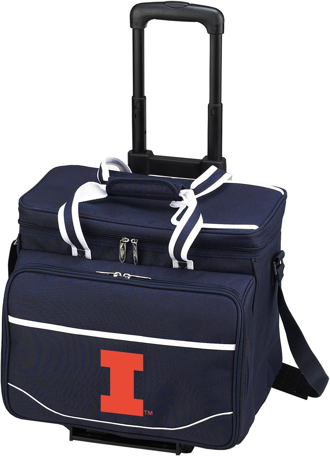 Illinois University Licensed Fighting Illini Equipped Picnic Cooler for 4 on Wheels - Designed and Assembled in California