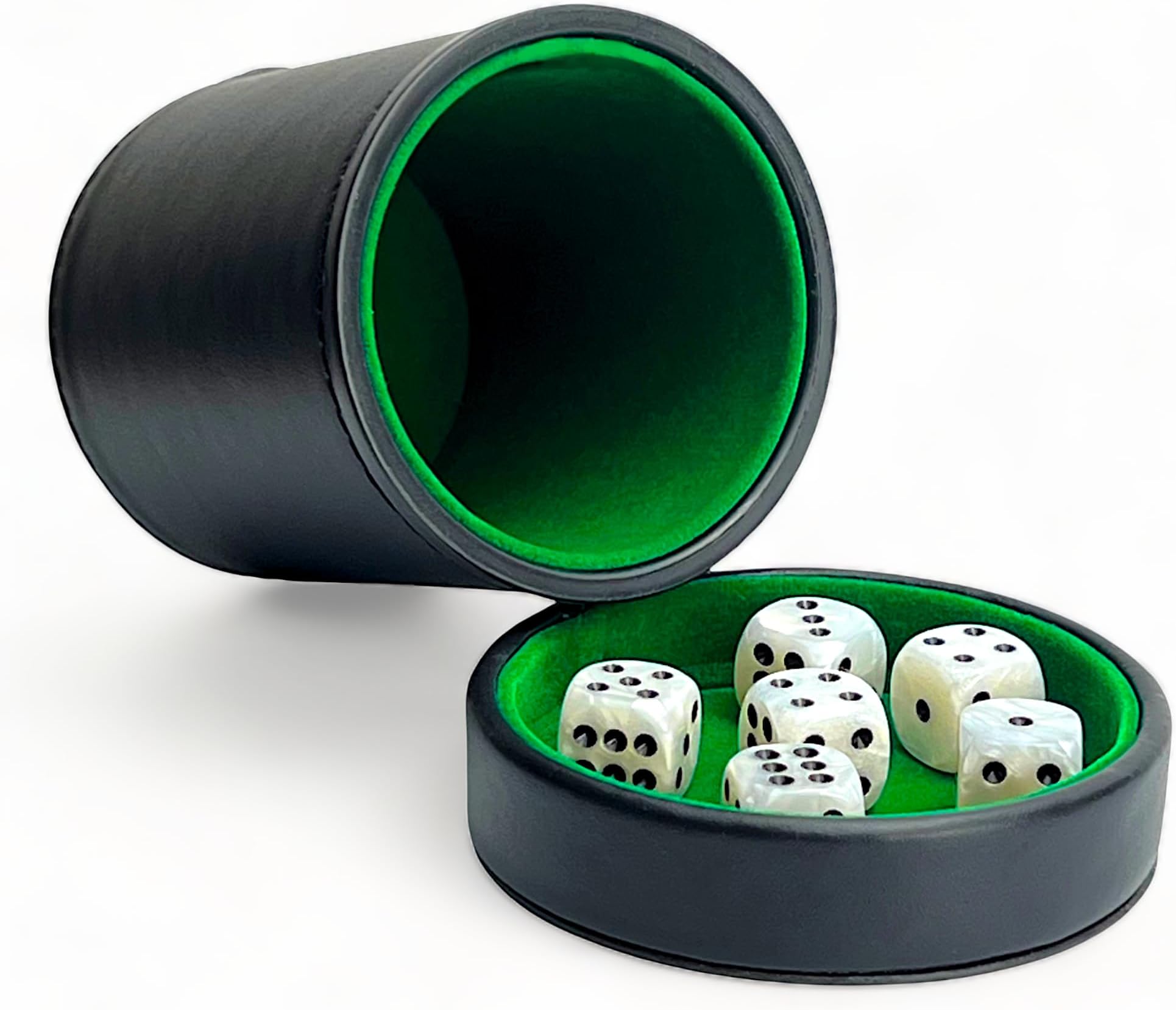 Luck Lab Black Leather Dice Cup with Lid Including 6 Matching Pearl Dice - Green Velvet Interior for Quiet Shaking - Use for Liars Dice Farkle Yahtzee Board Games