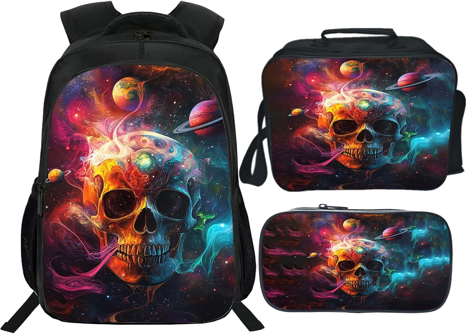 Snapjet Skull Backpack 3PCS 16" Preschool Elementary Schoolbag with Lunch Box Pencil Case Bookbag Set for Girls Boys Kids Children Teens School Students