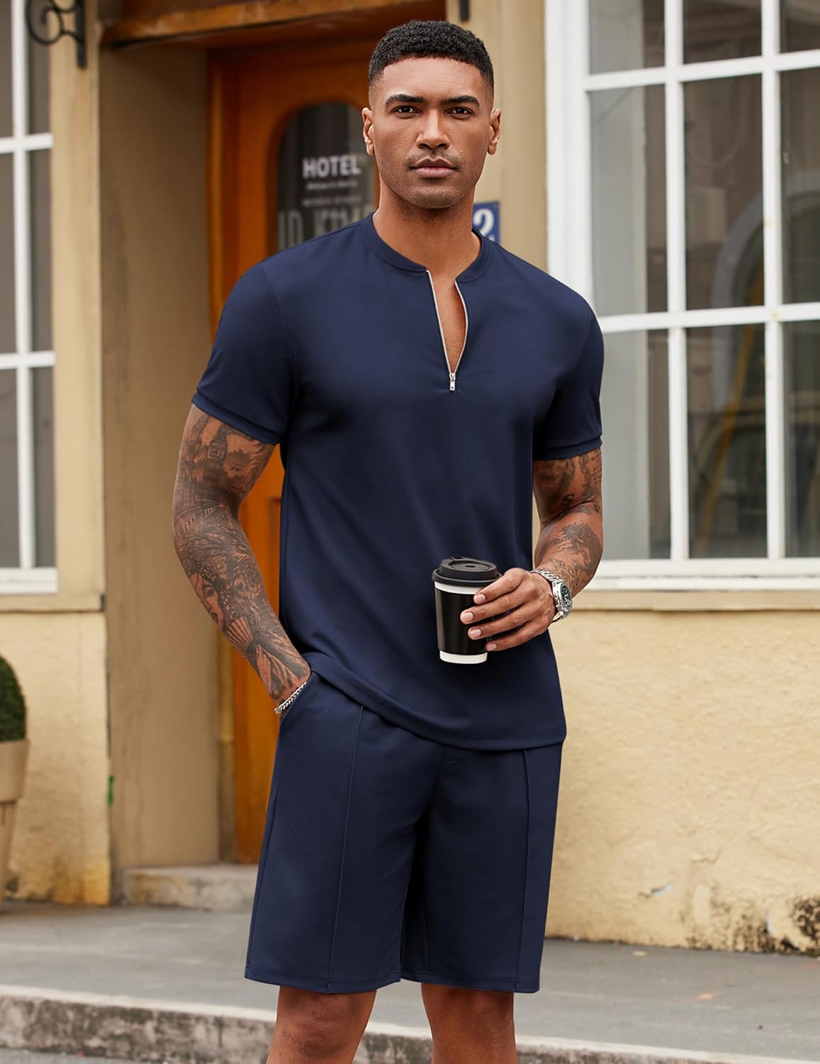 COOFANDY Men's 2 Pieces Outfits Casual Quarter Zip Polo T Shirt and Shorts Set Athletic Jogging Summer Tracksuit - Image 2