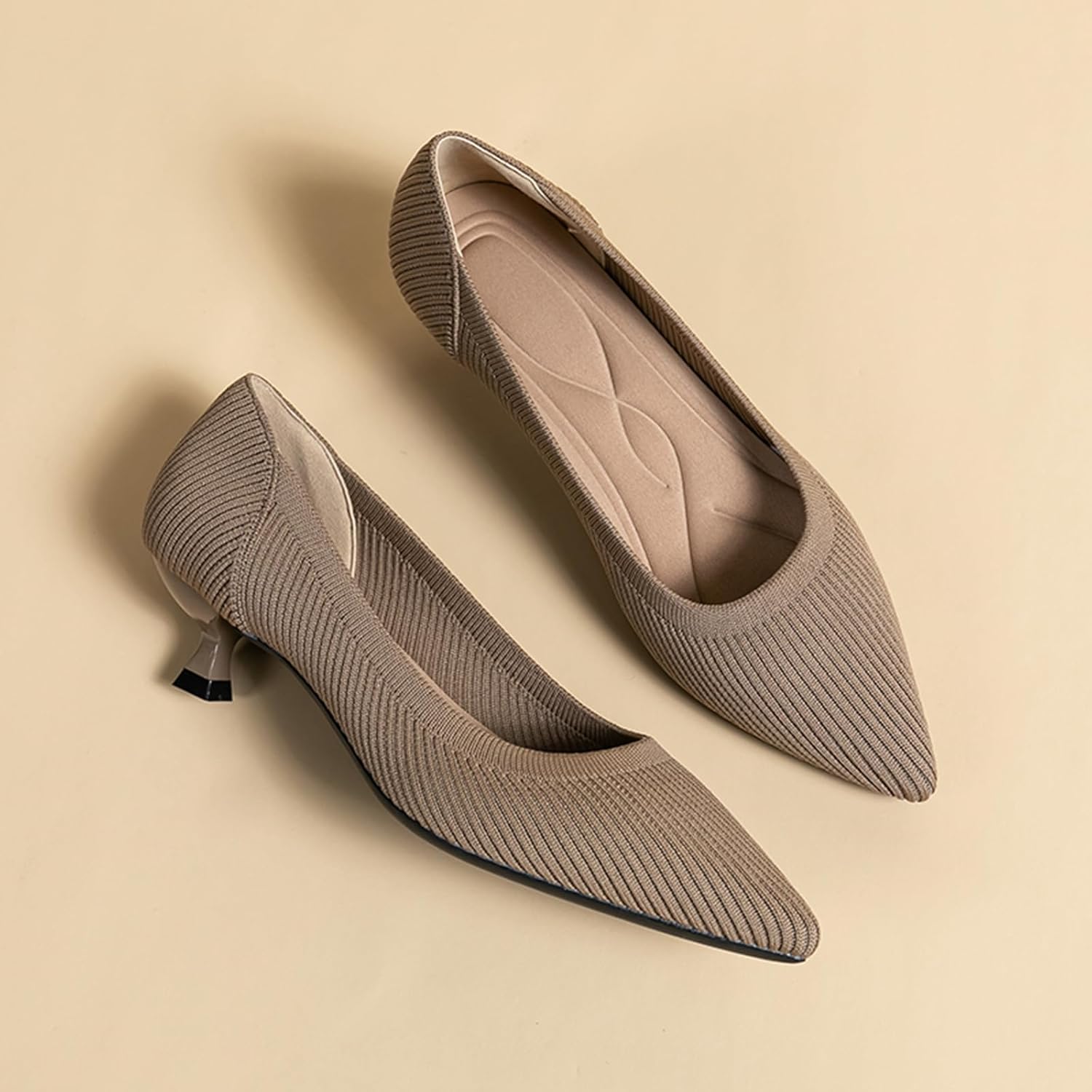 Women's Knit Kitten Heel Pumps Fashion Pointed Toe Shallow Mouth Slip On Comfortable Heels Casual Work Office Business Wedding Formal Dress Shoes - Image 4