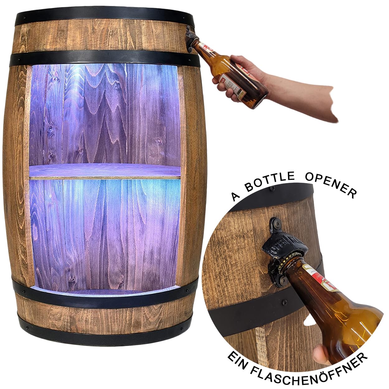 WEECO Barile in legno a LED RGB con apribottiglie, barile in legno, barile e bibite, Armadietto per bevande alcoliche, Botte Di whisky, Barile per l'esposizione di collezione di bottiglie 80cm (wengé)